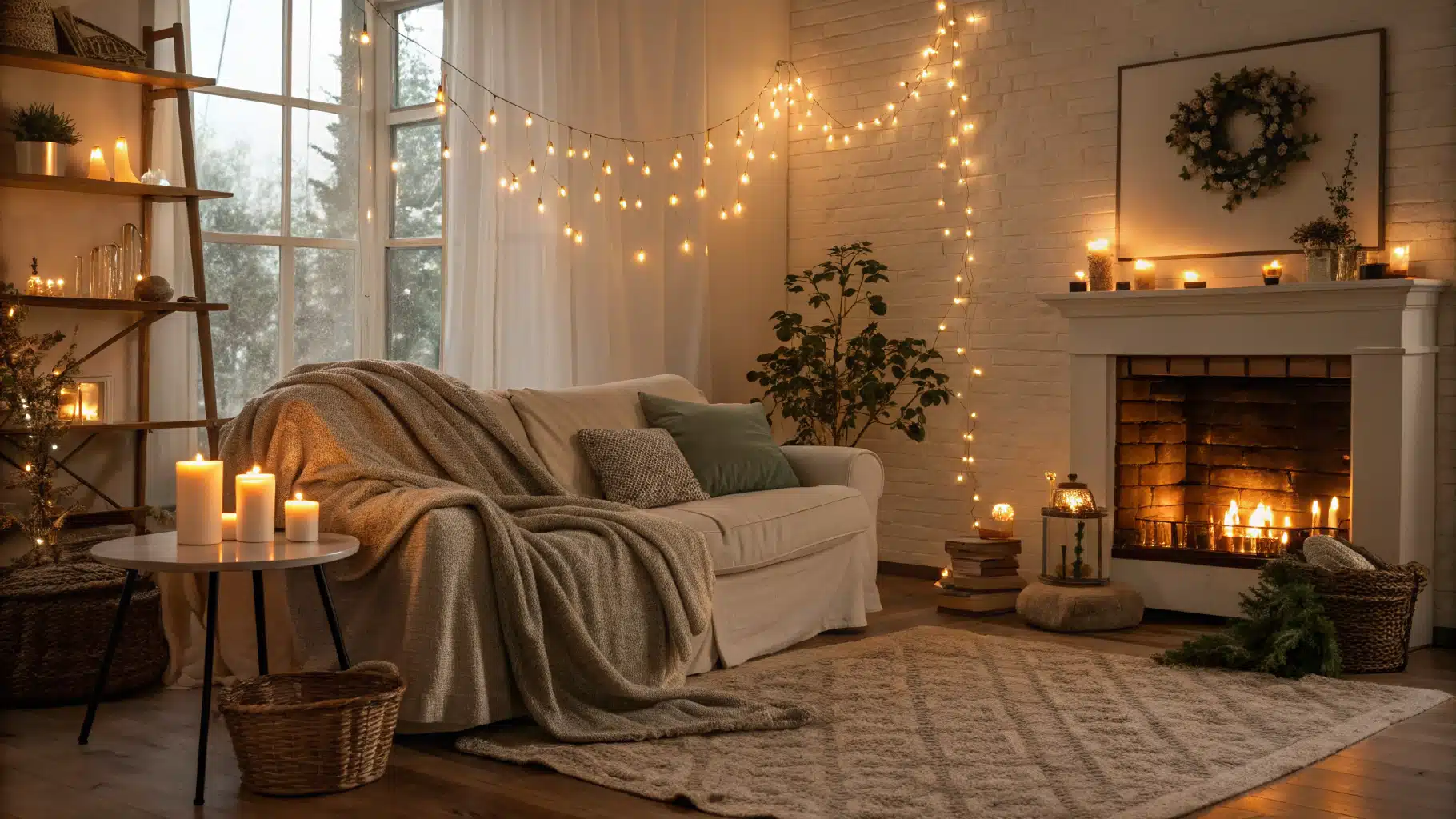 Cozy living room with a warm lamp and a book set out for an evening wind down